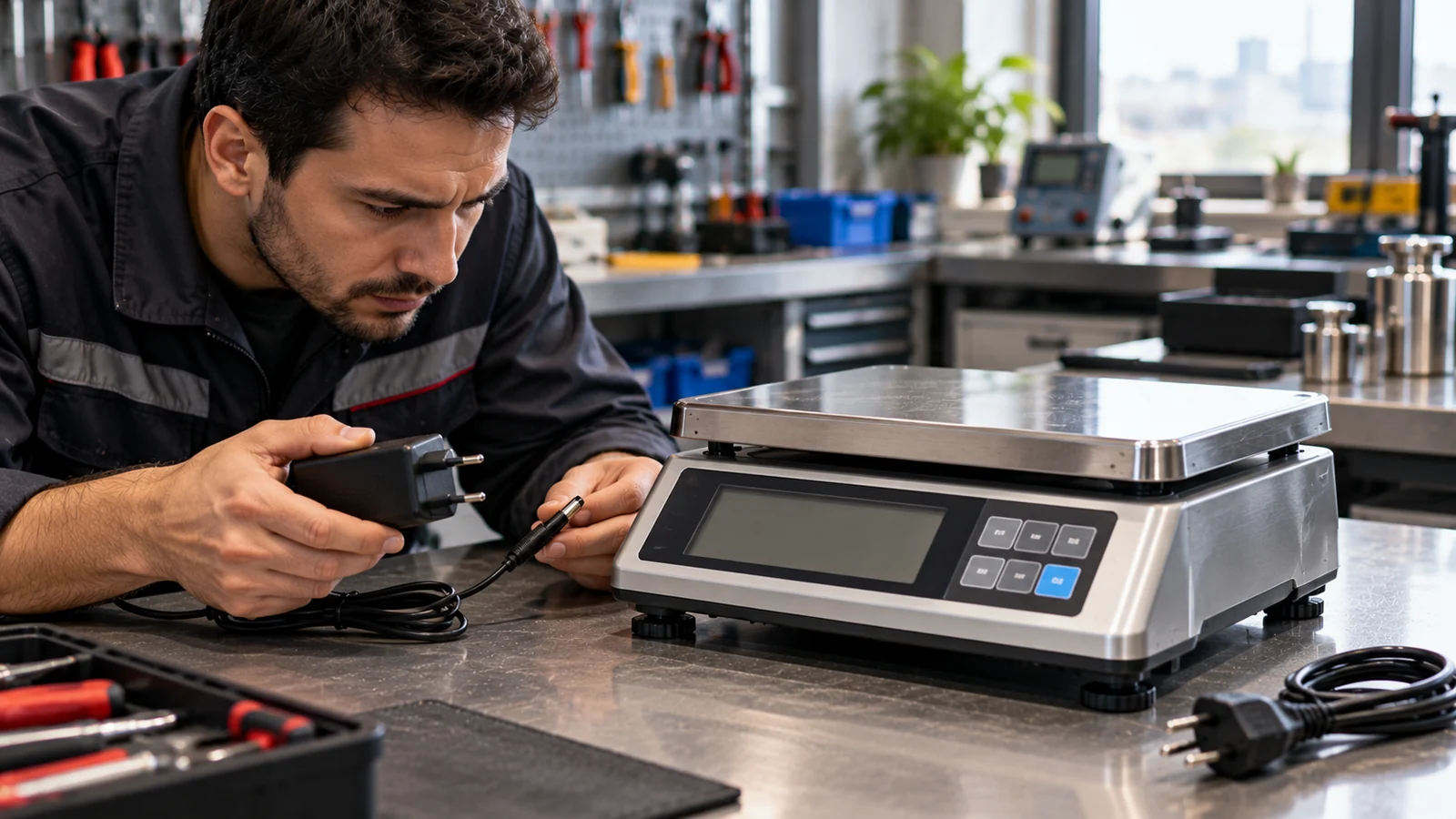 Açılmayan elektronik terazinin adaptörünü kontrol eden teknisyen — temsili görsel