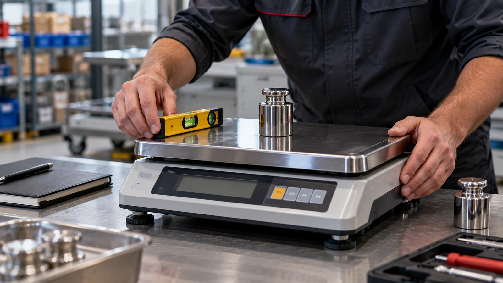 Elektronik terazinin su terazisiyle ve test ağırlığıyla kontrol edilmesi — temsili görsel
