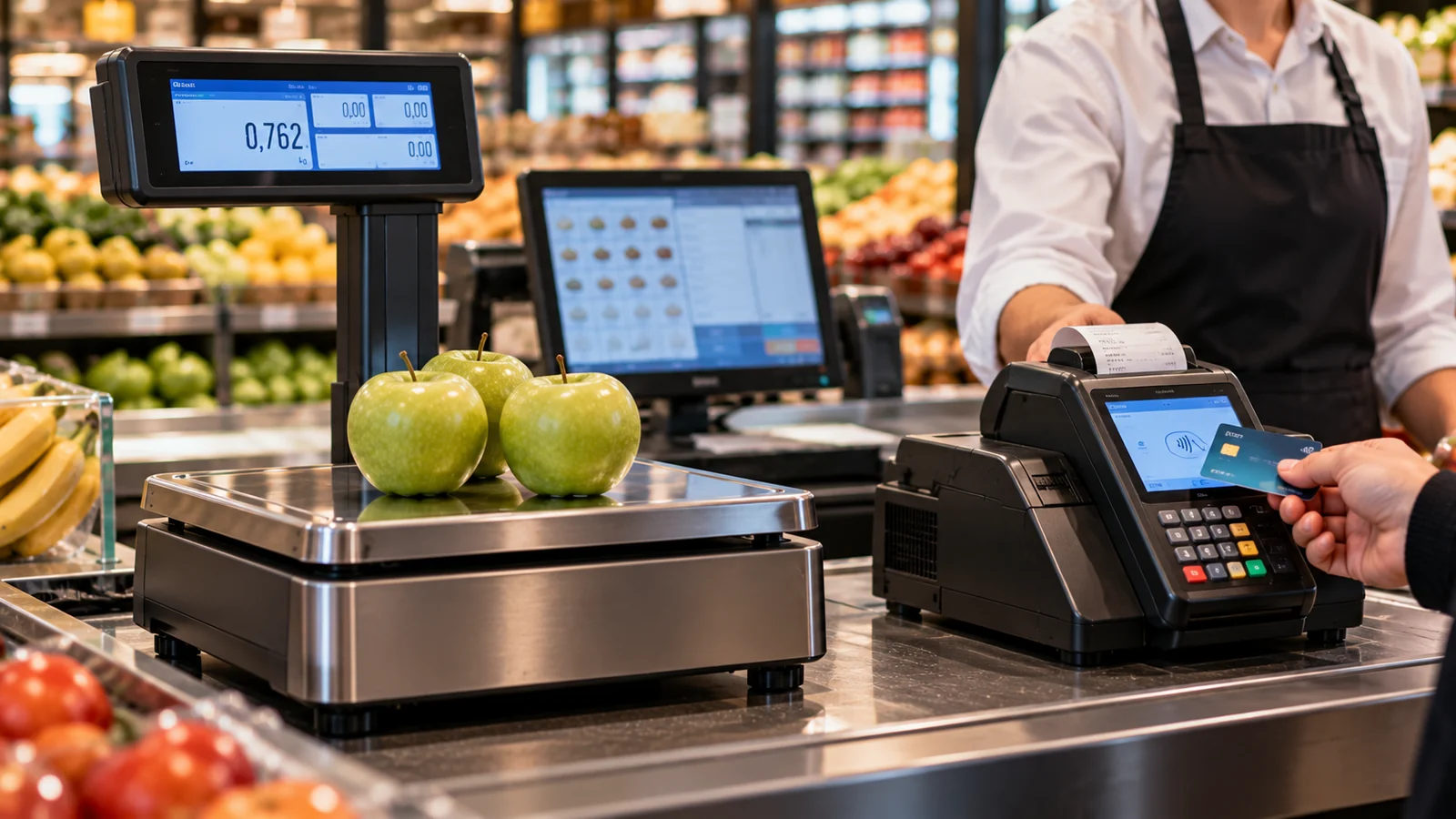 Tartı ekranlı POS terazi ve kartlı ödeme yapılan yazarkasa POS — temsili görsel