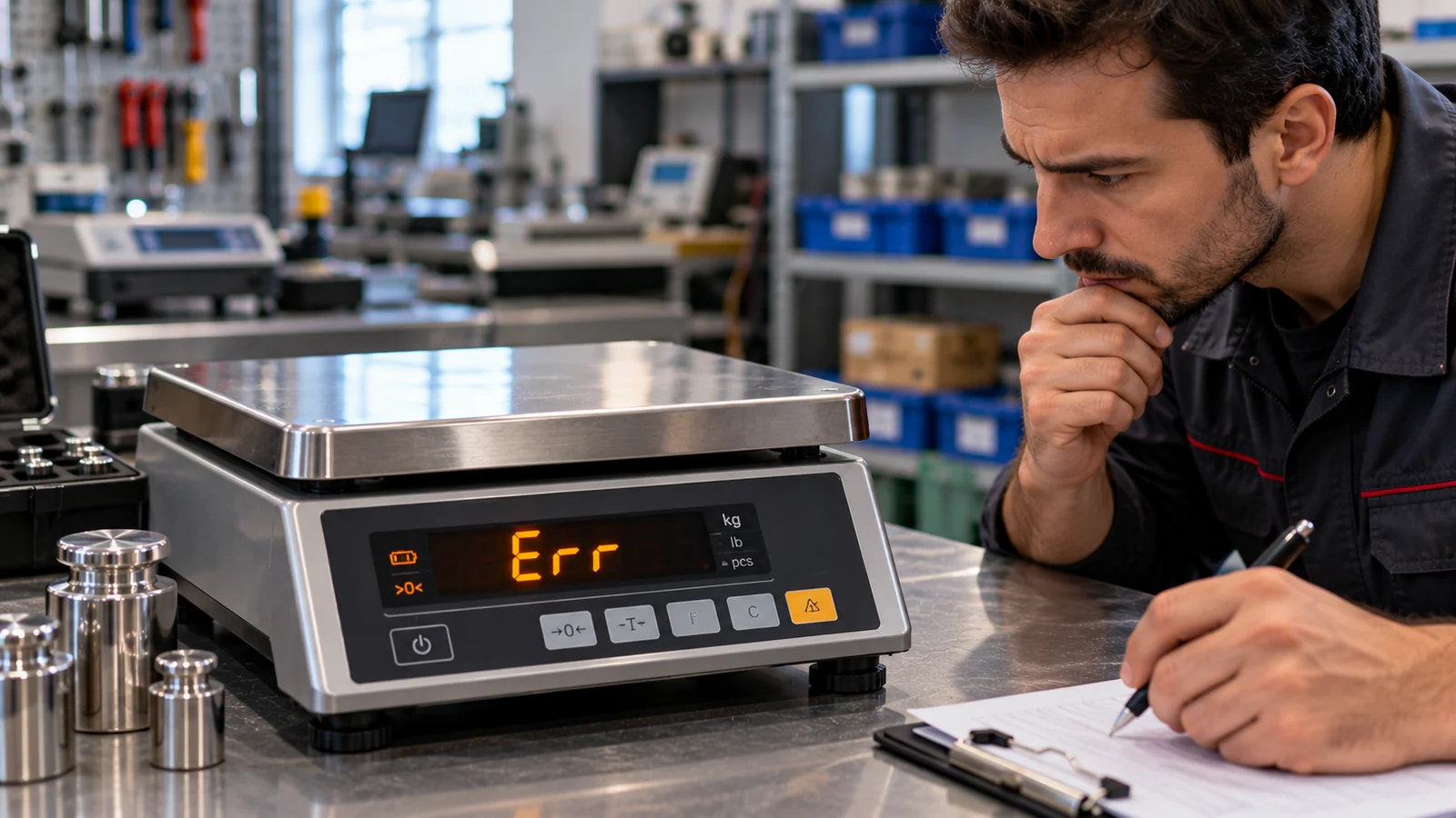 Ekranda Err hatası gösteren elektronik teraziyi inceleyen teknisyen — temsili görsel